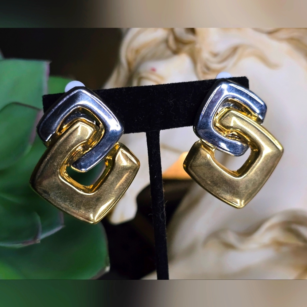 Vintage 90's Gold and Sliver Clip-on Statement Earrings Geometric